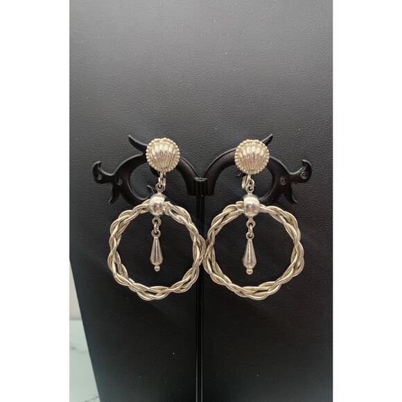 Vintage Silver Tone Twisted Hoop With Dangle Screw Back Modernist Earrings - Picture 1 of 5